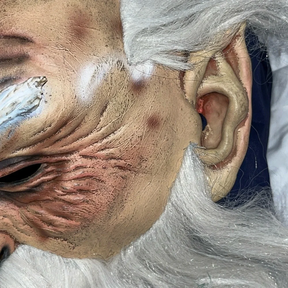 Vintage 2003 OLD MAN Mask WIZARD Full Head White Hair Beard Pointed Elf Ears VTG